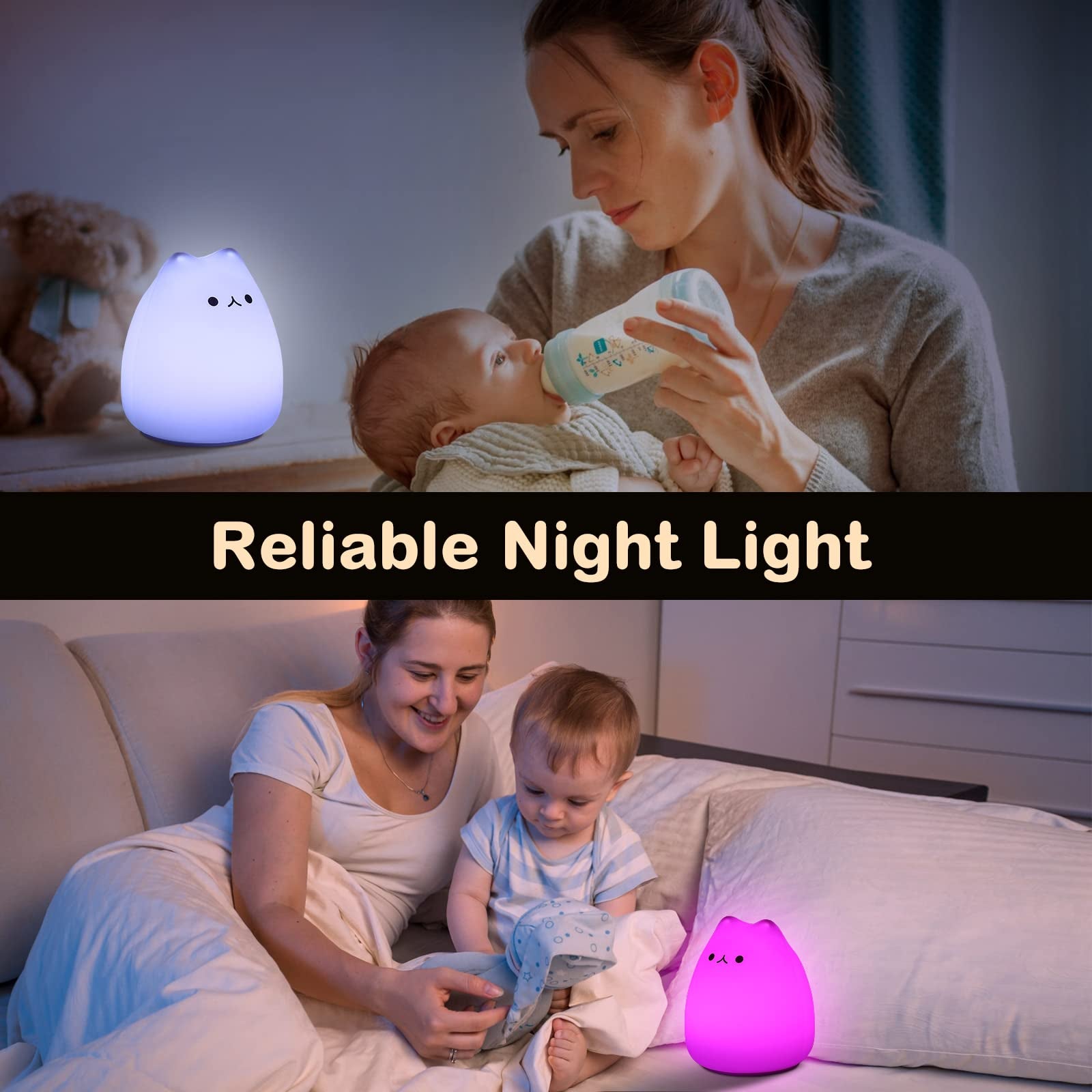 Cat Night Light for Kids, LED Battery Powered Cat Lamp with Warm White and 9-Color Changing, Silicone Cute Nursery Lights for Baby Children Bedroom (Mini Celebrity Cat with Tail)