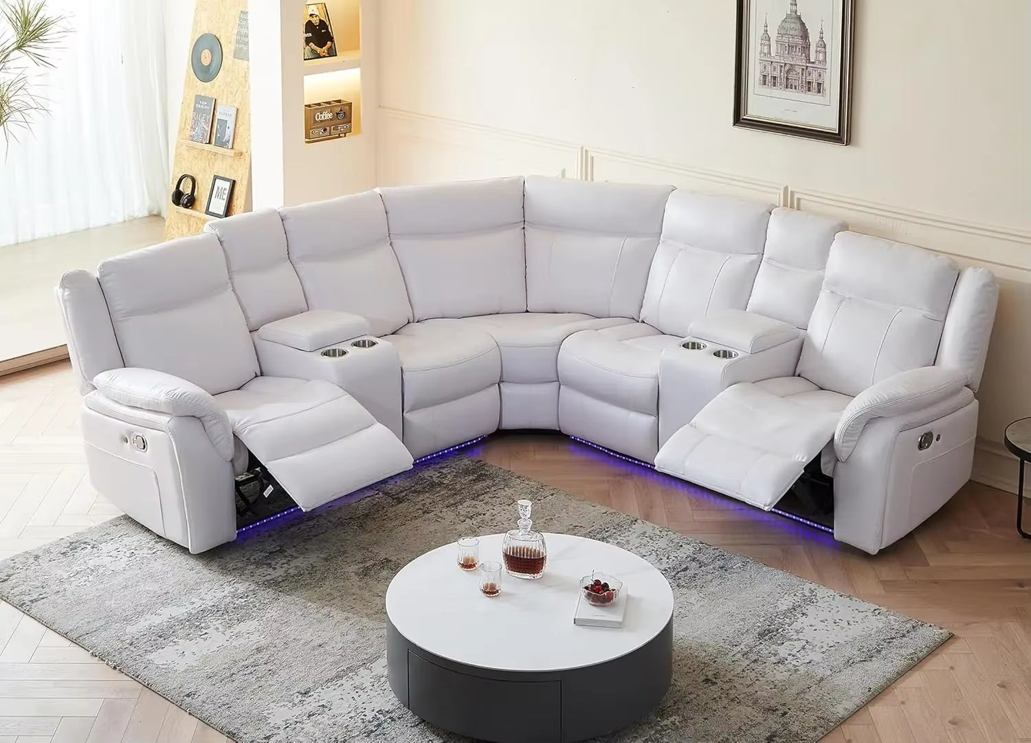 Recliner，Manual Recliner Sofa Sectional Couches with LED Light for Living Room, Leather Reclining Corner Sectionals Sofa