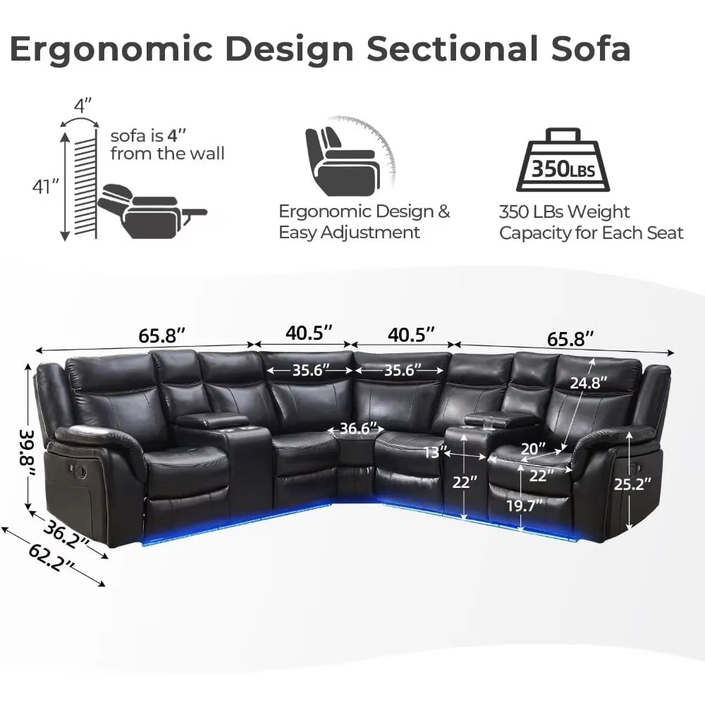 Recliner，Manual Recliner Sofa Sectional Couches with LED Light for Living Room, Leather Reclining Corner Sectionals Sofa