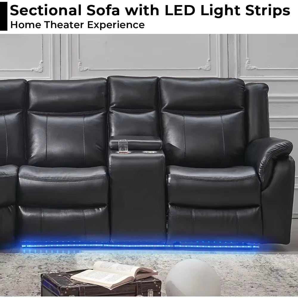 Recliner，Manual Recliner Sofa Sectional Couches with LED Light for Living Room, Leather Reclining Corner Sectionals Sofa