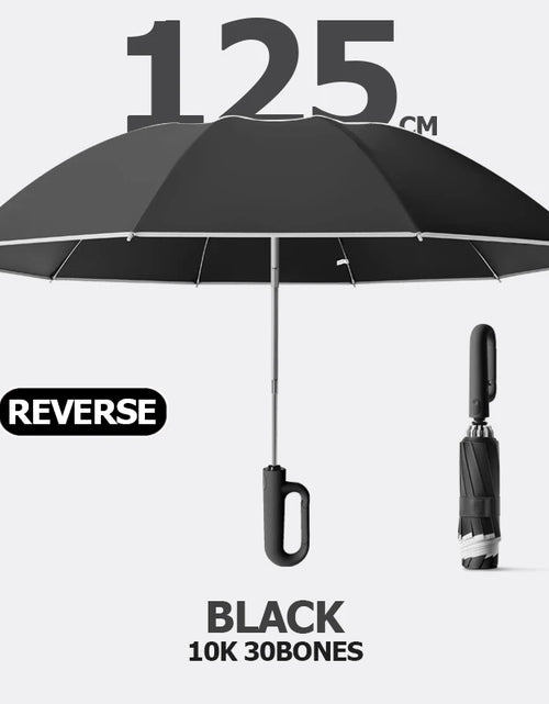 Load image into Gallery viewer, Big Windproof Strong Umbrella with Reflective Stripe Reverse Automatic Fold UV Umbrella for Rain Sun Carabiner Handle Luxury
