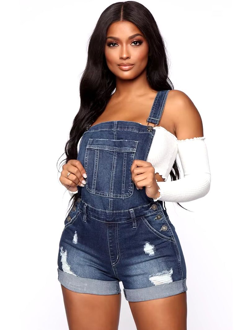 New Summer Women Shorts Overalls Ripped Jeans Lady Sexy Stretch Rompers Denim Pants Lady Cross Strap Jumpsuit Casual Bodysuits