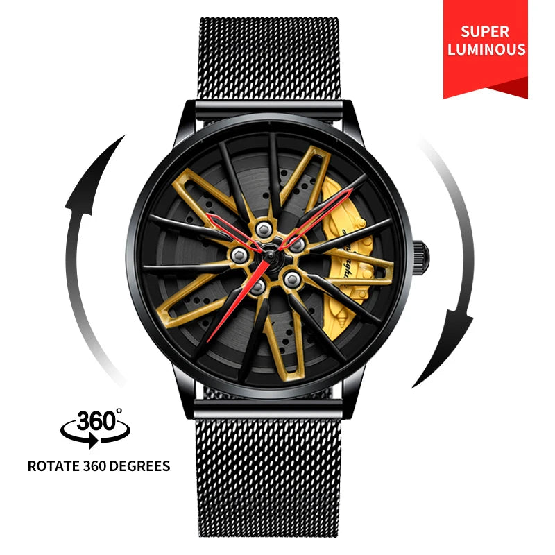 Original 3D Real Man Watches Waterproof Rotate Watches Car Rim Watch Quartz Men'S Sports 360° Rotate Wheel Watches for Men Clock