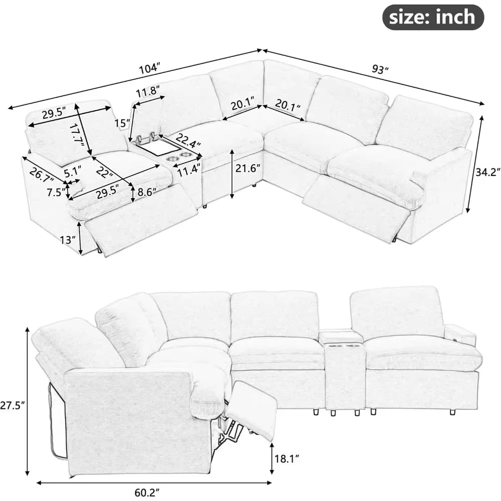 Recliner，Power Recliner Corner Sofa with Storage Box, 104'' Sectional Couches with USB Ports, Cup Holders and Power Socket,