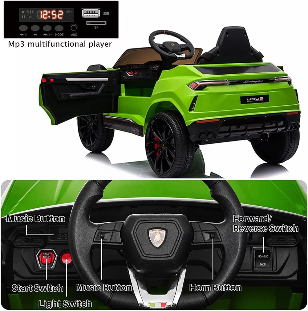 Ride on Toys for Kids, 12V Lamborghini Urus Power Ride on Truck Cars with Remote Control, Horn, Radio, USB Port, AUX, Spring Suspension, Opening Door, LED Light - Blue, CL61