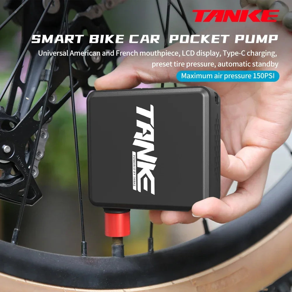 TANKE Mini Electric Bike Pump 150PSI Powerful Air Compressor Pressure Display Car Motocycle MTB Road Bike Tire Inflator with LCD