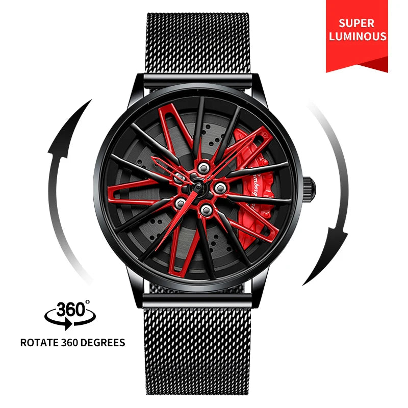 Original 3D Real Man Watches Waterproof Rotate Watches Car Rim Watch Quartz Men'S Sports 360° Rotate Wheel Watches for Men Clock