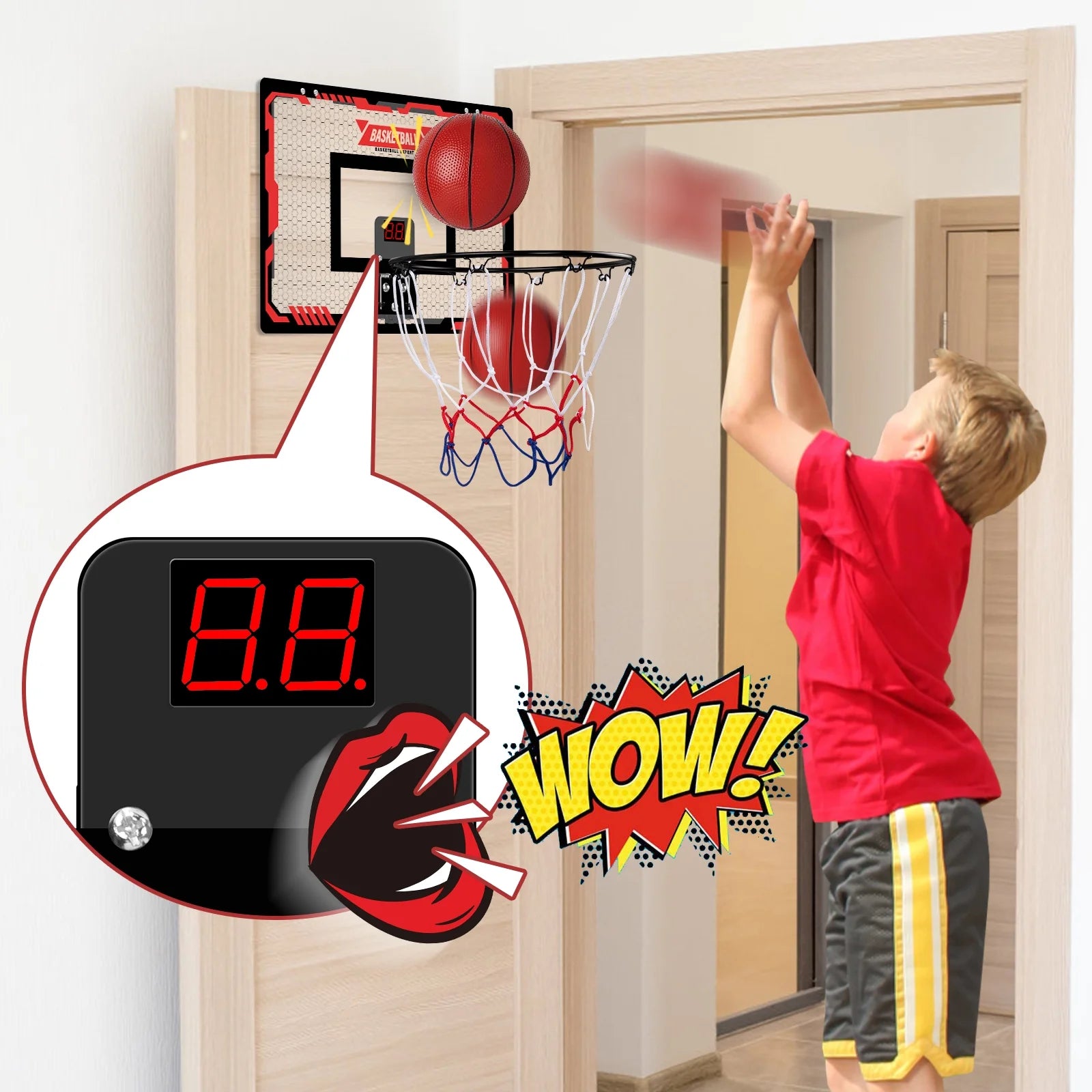 Basketball Hoop Indoor, LED Light Mini Basketball Hoops with 2 Balls & Electronic Scoreboard, over the Door Basketball Hoop, Basketball Accessories for 5 6 7 8 9 10 11 12 Year Old Kids Teen Adults