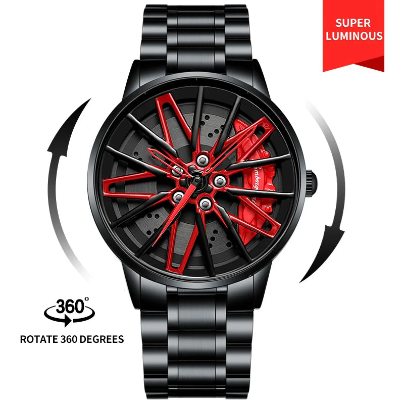 Original 3D Real Man Watches Waterproof Rotate Watches Car Rim Watch Quartz Men'S Sports 360° Rotate Wheel Watches for Men Clock