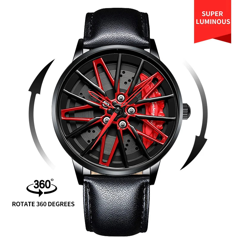 Original 3D Real Man Watches Waterproof Rotate Watches Car Rim Watch Quartz Men'S Sports 360° Rotate Wheel Watches for Men Clock