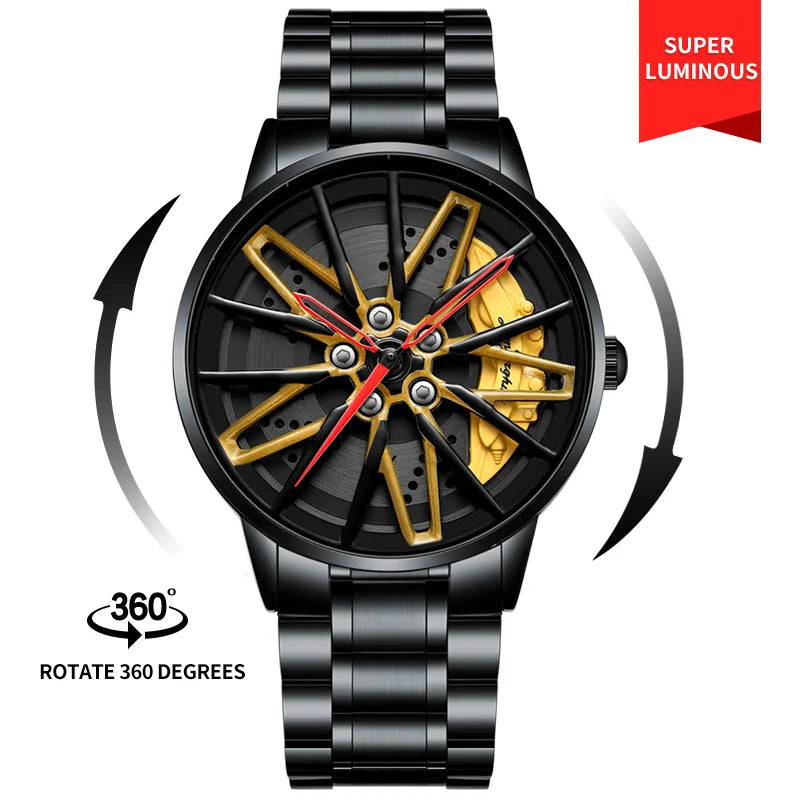 Original 3D Real Man Watches Waterproof Rotate Watches Car Rim Watch Quartz Men'S Sports 360° Rotate Wheel Watches for Men Clock