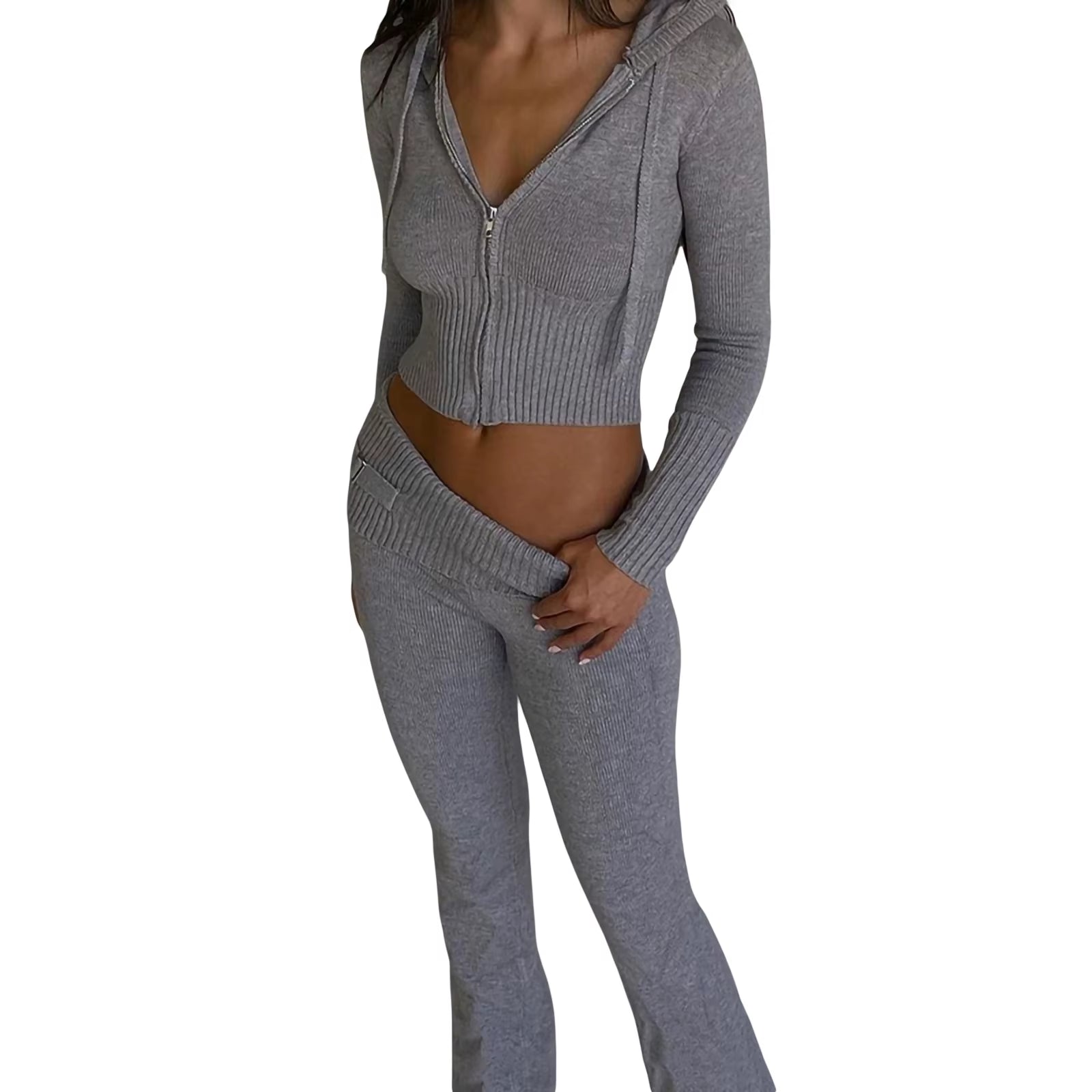 Women Fall 2 Piece Outfits Ribbed Knit Slim Fit Long Sleeve Zip up Crop Jacket Skinny Flare Pants Loungewear Sets