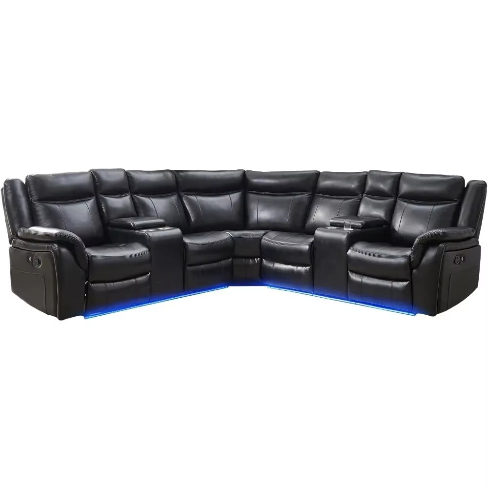 Recliner，Manual Recliner Sofa Sectional Couches with LED Light for Living Room, Leather Reclining Corner Sectionals Sofa