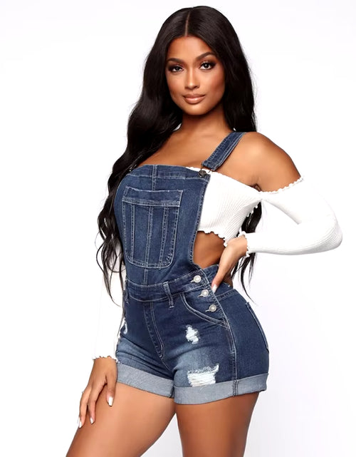 Load image into Gallery viewer, New Summer Women Shorts Overalls Ripped Jeans Lady Sexy Stretch Rompers Denim Pants Lady Cross Strap Jumpsuit Casual Bodysuits
