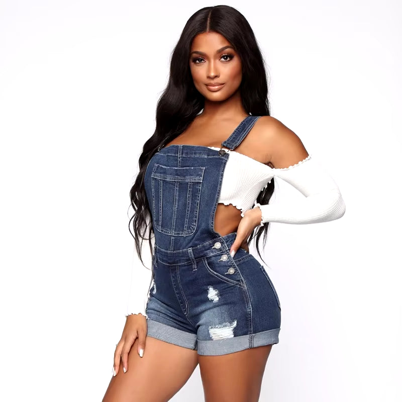 New Summer Women Shorts Overalls Ripped Jeans Lady Sexy Stretch Rompers Denim Pants Lady Cross Strap Jumpsuit Casual Bodysuits