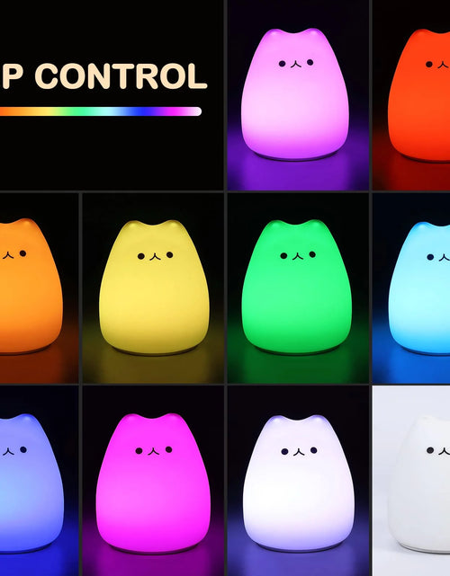 Load image into Gallery viewer, Cat Night Light for Kids, LED Battery Powered Cat Lamp with Warm White and 9-Color Changing, Silicone Cute Nursery Lights for Baby Children Bedroom (Mini Celebrity Cat with Tail)
