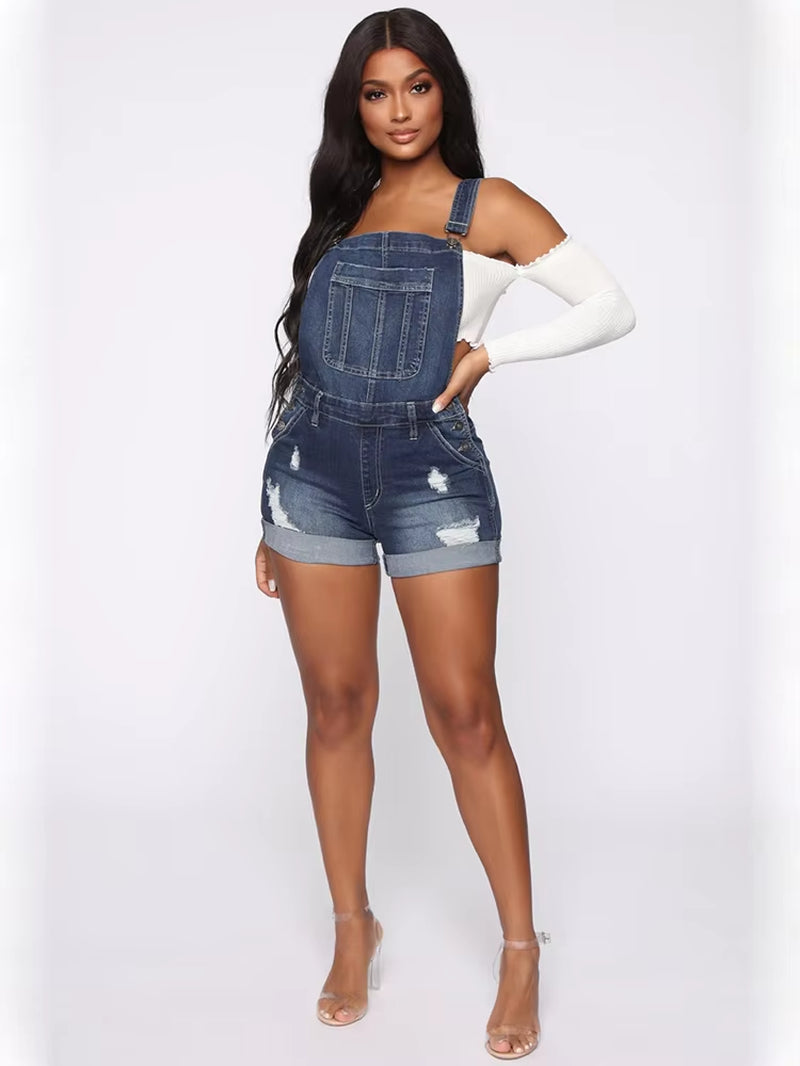 New Summer Women Shorts Overalls Ripped Jeans Lady Sexy Stretch Rompers Denim Pants Lady Cross Strap Jumpsuit Casual Bodysuits