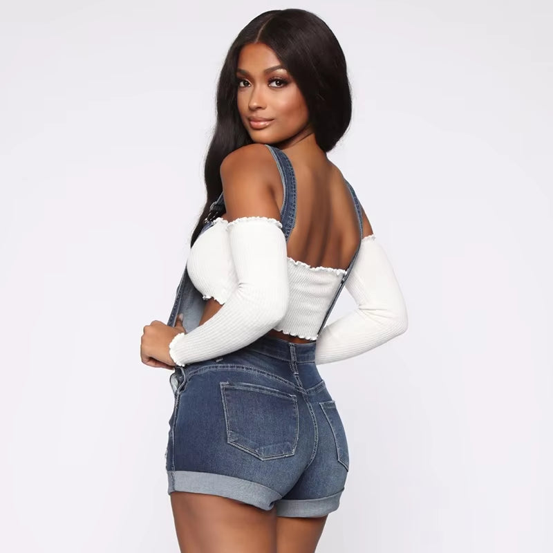 New Summer Women Shorts Overalls Ripped Jeans Lady Sexy Stretch Rompers Denim Pants Lady Cross Strap Jumpsuit Casual Bodysuits