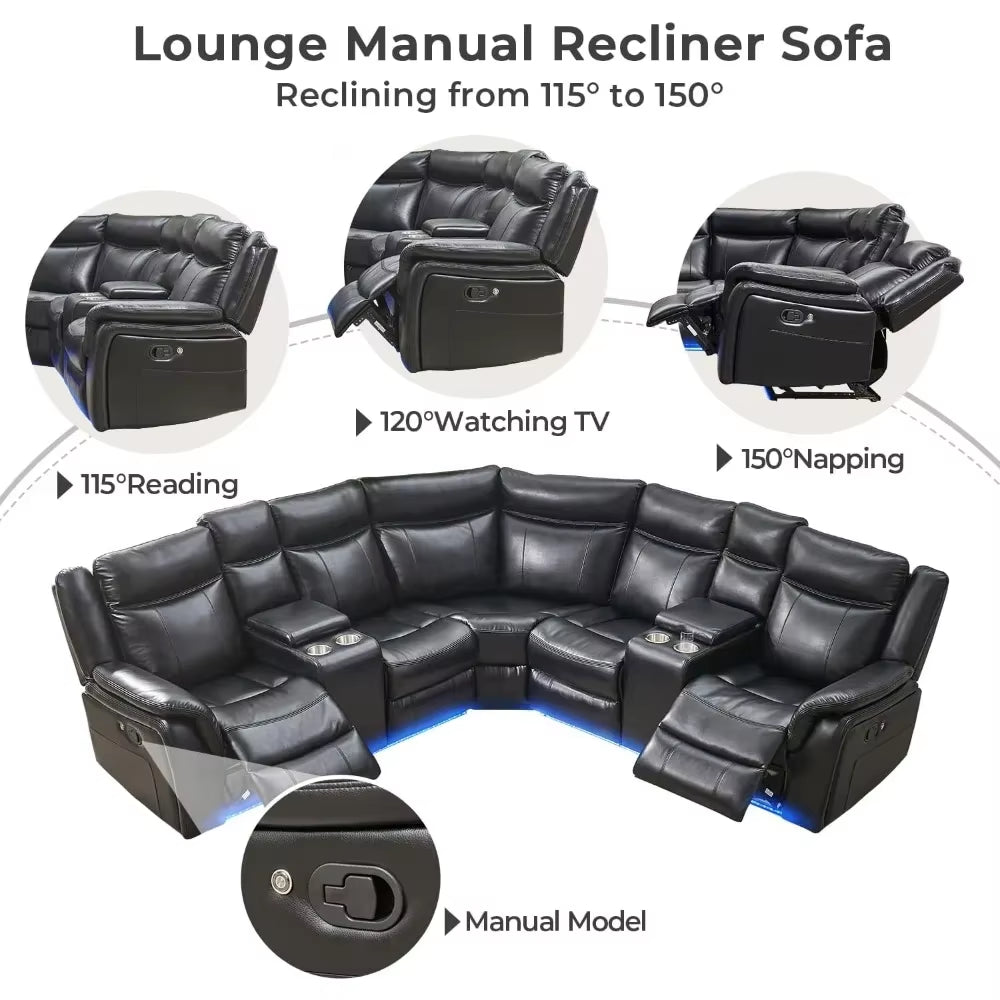 Recliner，Manual Recliner Sofa Sectional Couches with LED Light for Living Room, Leather Reclining Corner Sectionals Sofa