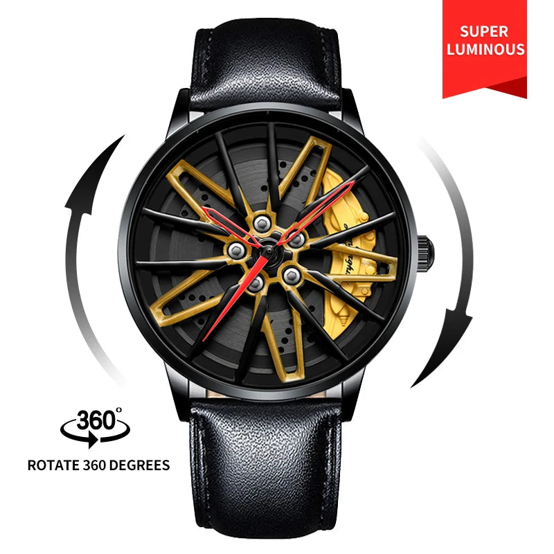 Original 3D Real Man Watches Waterproof Rotate Watches Car Rim Watch Quartz Men'S Sports 360° Rotate Wheel Watches for Men Clock