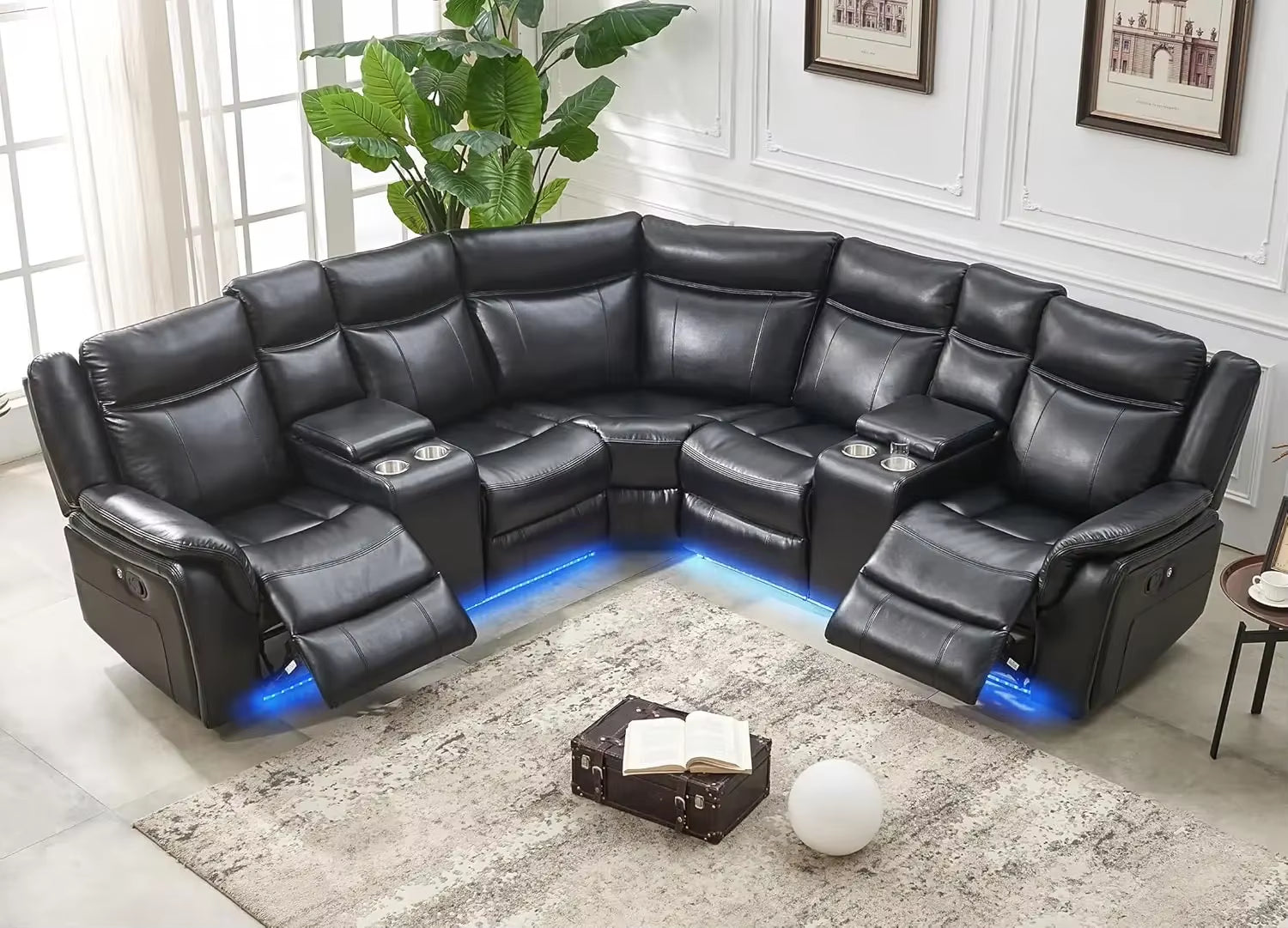 Recliner，Manual Recliner Sofa Sectional Couches with LED Light for Living Room, Leather Reclining Corner Sectionals Sofa