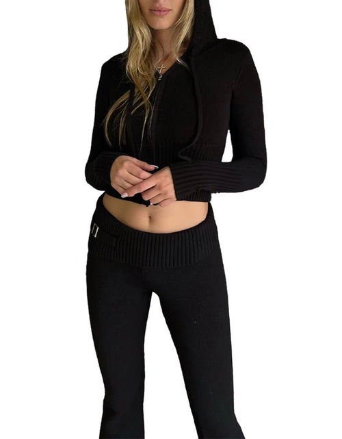 Load image into Gallery viewer, Women Fall 2 Piece Outfits Ribbed Knit Slim Fit Long Sleeve Zip up Crop Jacket Skinny Flare Pants Loungewear Sets
