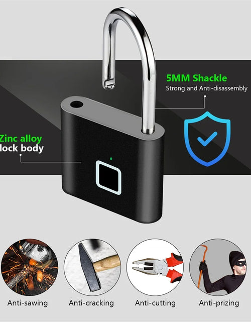 Load image into Gallery viewer, Keyless USB Charging Fingerprint Lock Smart Padlock Waterproof Door Lock 0.2Sec Unlock Portable Anti-Theft Padlock Zinc
