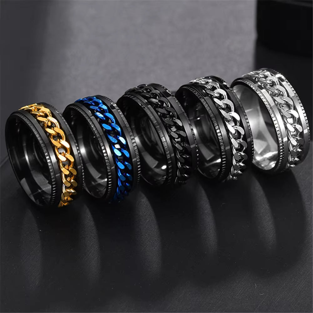 Anxiety Fidget Spinner Rings for Men Stainless Steel Spinning Rotatable Cuban Chain Ring for Women Punk Rock anti Stress Jewelry